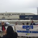 Bush Gottlieb partner Julie Gutman Dickinson with warehouse workers announcing a new lawsuit filed 12/17/14 against wage theft at the Port of Los Angeles
